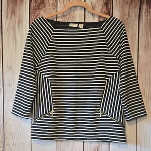Chico's Black and White Striped Blouse Faux Zipper Pockets Size 1 (Medium)